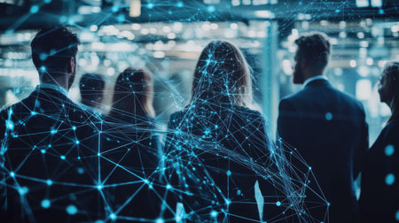 Business network concept with a group of professionals working together. Digital network map and data analytics in the background, highlighting teamwork fの素材