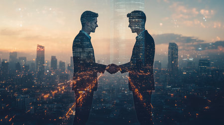 Double exposure of two young businessmen shaking hands on an abstract city background. Urban lights and skyscrapers merge with their handshake, symbolizing growthの素材