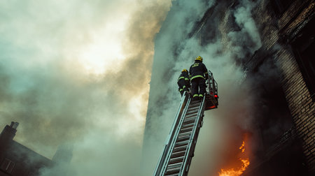 Dense smoke pouring out of a burning building, with firefighters working tirelessly to extinguish the flames and save lives.の素材
