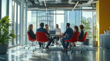 Diverse business professionals in a tech-savvy meeting space. Digital tools and technology features prominently in the wide-angle shot, showcasing a global approachの素材