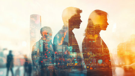 Double exposure image of a diverse group of businesspeople and a blurred cityscape, with a prominent forex trading chart. Emphasizes financial markets and trade strategies.の素材