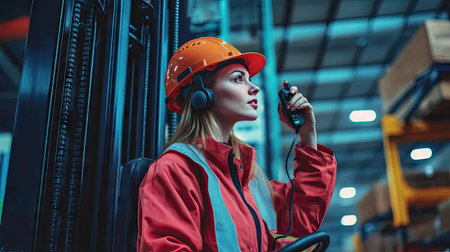 Female forklift operator in safety gear, communicating via walkie talkie while controlling the lift of a cargo container. She is overseeing transportation and logistics in a busy warehouse.の素材