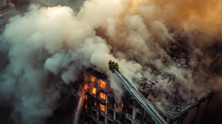 Dense smoke pouring out of a burning building, with firefighters working tirelessly to extinguish the flames and save lives.の素材