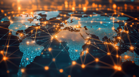 Digital interface illustrating global contacts and web technology connections. Nodes and connections across a world map highlight technological networkingの素材
