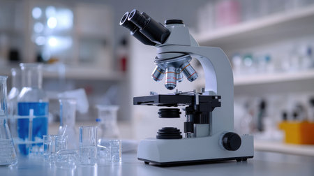 Close-up of a microscope in a microbiology lab, surrounded by laboratory glassware and scientific equipment. Ideal for healthcare and medical research visuals.の素材