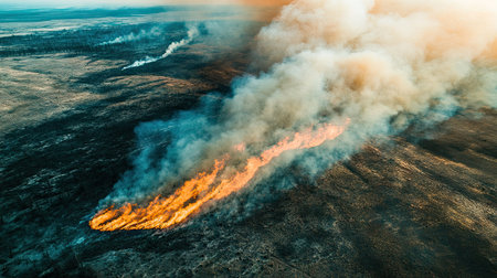 Aerial view of a wildfire spreading across a dry landscape, with thick smoke clouds covering the sky, illustrating the devastating impact of natural disasters.の素材