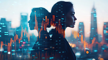 Double exposure of business professionals and a city backdrop featuring a forex chart. Highlights the impact of global financial markets on business decisions. -の素材
