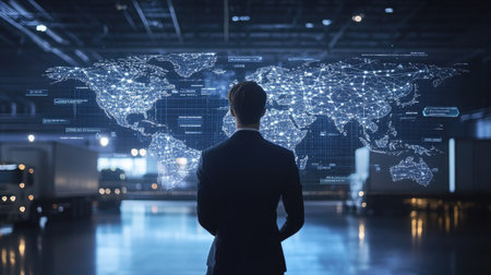 Executive engaged with a futuristic virtual screen illustrating a global logistics network. The display includes elements of air cargo, trucking routes, and rail connections.の素材