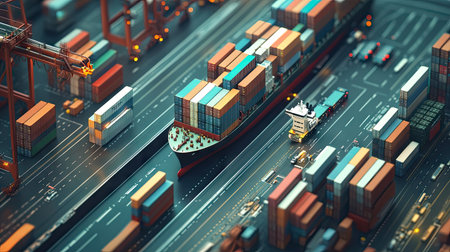 Concept of smart logistics and transportation network. Container cargo ship and trucks showcasing advanced distributionの素材