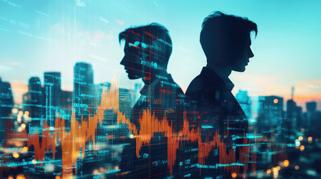 Double exposure of business professionals and a city backdrop featuring a forex chart. Highlights the impact of global financial markets on business decisions. -の素材