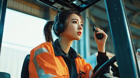 Female foreman operating a forklift and using a walkie talkie to communicate during cargo handling. She is coordinating transportation and service effectively in a logistics facility.68717b650688の素材