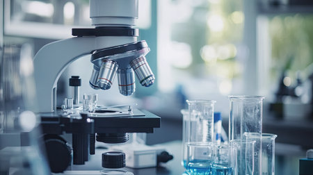 Detailed view of a microscope with laboratory glassware and scientific equipment in a modern microbiology lab. Suitable for healthcare and medical research concepts.の素材