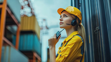 Female forklift operator with a walkie talkie, overseeing the lifting of a container. She is focused on transportation control and logistics service in a dynamic warehouse setting. -の素材