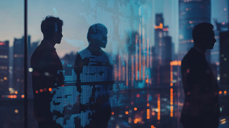 Group of business professionals standing against a blurry city skyline, with an overlaid forex chart. Double exposure effect highlighting trade and finance concepts.の素材