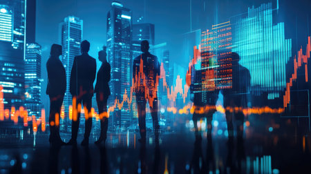 Group of businesspeople with a blurry city skyline behind them, and a forex chart displayed in double exposure. Concept for financial analysis and international trade. -の素材