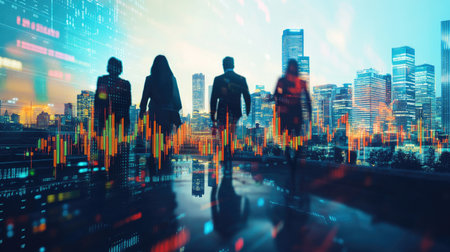 Group of businesspeople with a blurry city skyline behind them, and a forex chart displayed in double exposure. Concept for financial analysis and international trade. -の素材