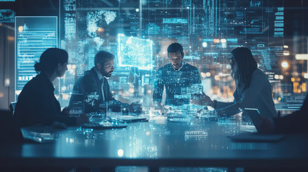 Group of diverse businesspeople collaborating in a high-tech workspace with digital technology elements.の素材