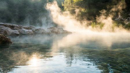 Steam rising from a hot spring in a natural, scenic setting, with mist enveloping the tranquil water and surrounding rocks, creating a peaceful and soothing atmosphere.の素材