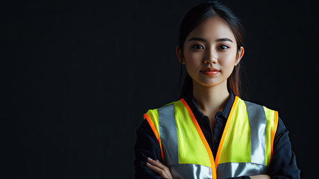 Portrait of a confident young Asian female engineer with crossed arms, wearing a reflective vest. She looks smart and successful, embodying confidence and achievement in her field.の素材