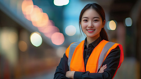 Portrait of a young Asian female engineer with crossed arms, wearing a reflective vest and a confident smile.の素材