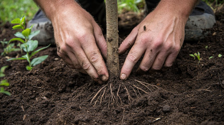 Hands pressing soil around the base of a newly planted tree, with roots partially visible,の素材