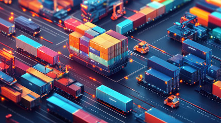 Modern logistics and transportation network with container cargo ships and trucks. Illustration of smart distribution and growth in the industrial sector.の素材