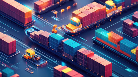 Modern logistics and transportation network with container cargo ships and trucks. Illustration of smart distribution and growth in the industrial sector.の素材