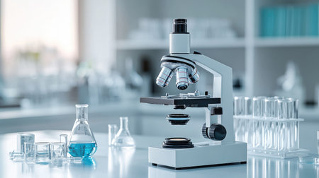 Microscope in a clean lab environment with an array of laboratory glassware and scientific instruments. Suitable for medical chemists and healthcare research presentations.の素材