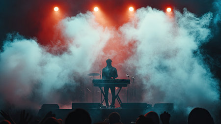 Smoke enveloping a musician as they perform on stage, with dramatic lighting creating an ethereal, otherworldly effect during a live concert.の素材