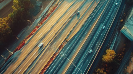 Power lines running parallel across a highway, with vehicles passing underneath, illustrating the integration of electrical infrastructure in modern transportation.の素材