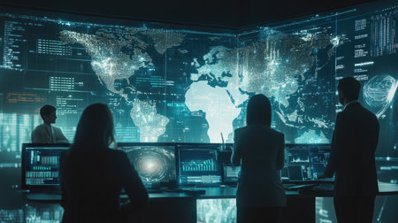 Multinational group of business experts with digital tech interfaces and global data on screens. Wide-angle shot, emphasizing the synergy between international teamsの素材