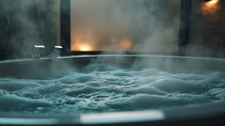 Steam rising from a spa bath, with the steam creating an ethereal atmosphere and the soft lighting adding a touch of luxury and relaxation to the scene.の素材
