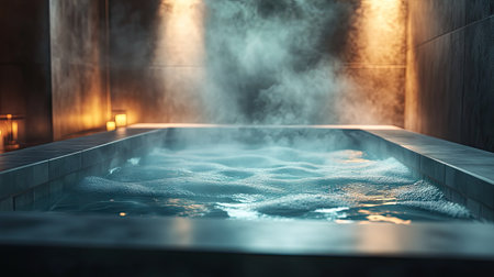 Steam rising from a spa bath, with the steam creating an ethereal atmosphere and the soft lighting adding a touch of luxury and relaxation to the scene.の素材