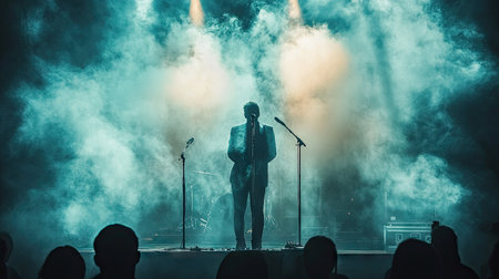 Smoke enveloping a musician as they perform on stage, with dramatic lighting creating an ethereal, otherworldly effect during a live concert.の素材