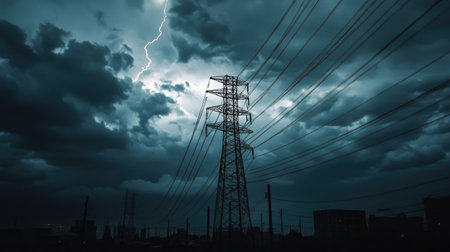 Power lines silhouetted against a stormy sky, with dark clouds and a hint of lightning in the distance, creating a dramatic and tense atmosphere. -の素材