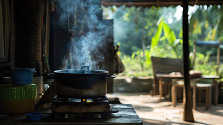 Smoke curling upwards from a traditional Thai kitchen stove, with the rustic surroundings of a countryside home in the background.の素材