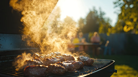 Smoke rising from a barbecue grill filled with sizzling meat, with the smoky aroma wafting through a sunny backyard during a family gathering.の素材