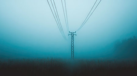 Power lines cutting through a dense fog, with the wires barely visible as they fade into the mist, creating a mysterious and almost ethereal landscape.の素材