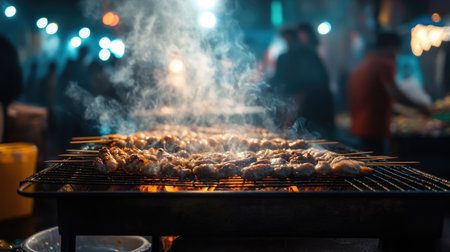 Smoke billowing from a street vendor charcoal grill, with the bustling night market scene alive with lights, colors, and the aroma of grilled food.の素材
