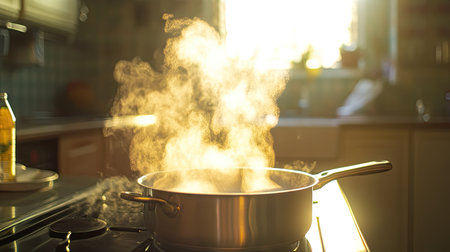 Steam escaping from a freshly boiled pot of water on a stove, with the steam swirling up and the kitchen setting in the background, capturing the essence of home cooking.の素材