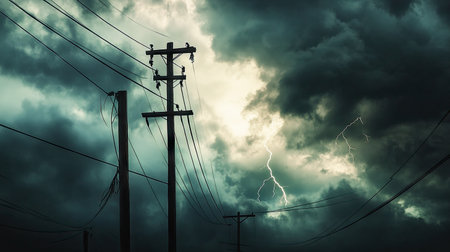 Power lines silhouetted against a stormy sky, with dark clouds and a hint of lightning in the distance, creating a dramatic and tense atmosphere. -の素材