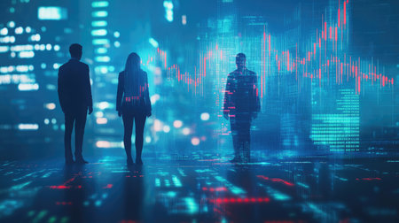 Team of businesspeople standing with a blurred city background, overlaid with a forex trading chart. Illustrates financial growth and trade dynamics in a high-tech environment.の素材