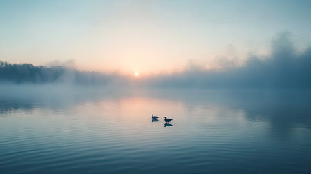Smoke drifting across a calm lake at dawn, with the mist blending into the early morning fog, creating a tranquil, almost surreal scene.の素材