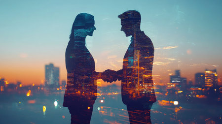 Young business partners shaking hands with a double exposure of a city skyline. Abstract city lights and futuristic elements overlay their handshake, representing teamwork and visionary goals.の素材