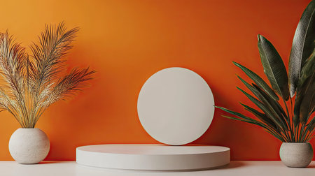Sleek product podium set against a vibrant orange wall. Ideal for minimal product placement and luxury interior design aesthetics. Creative 3D rendering for stage mockups.の素材