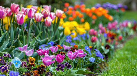 Colorful flower beds in a spring garden with tulips, lilies, and pansiesの素材