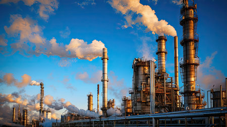 Oil refineries and chemical plants with towering chimneys and storage tanks, set against a clear blue sky in an industrial area with this inviting photo.の素材