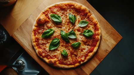 A top-down view of a Neapolitan pizza being served with fresh basil leaves on top, sitting on a wooden pizza board.の素材