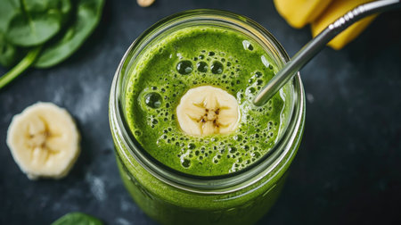 A close-up of a green smoothie with spinach, banana, and almond milk, served in a mason jar with a metal straw.の素材