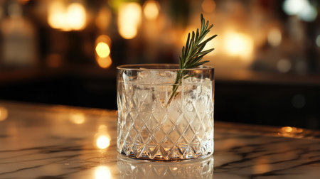 A close-up of a cocktail with gin, elderflower liqueur, and a sprig of rosemary, served in a crystal glass on a marble bar.の素材